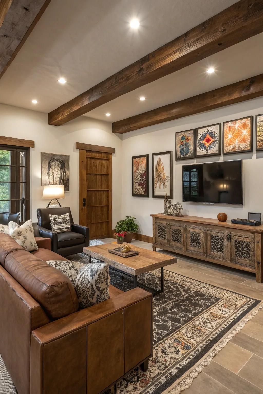 A family room that artfully mixes modern and traditional styles.