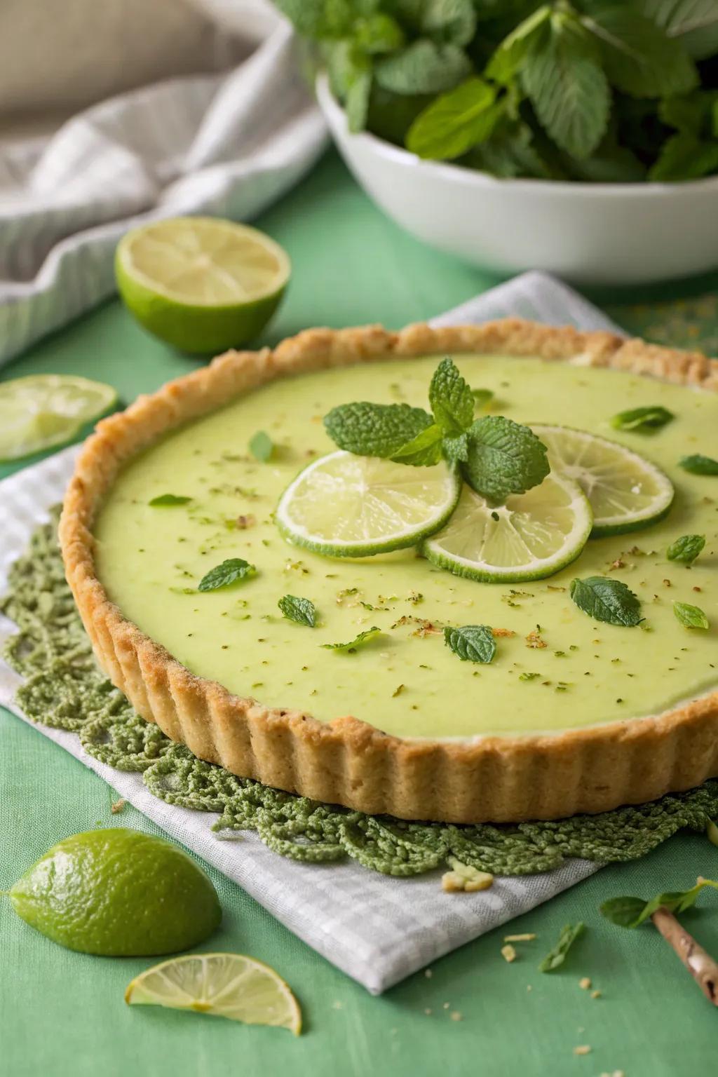 Mint leaves add a refreshing touch to this key lime pie.