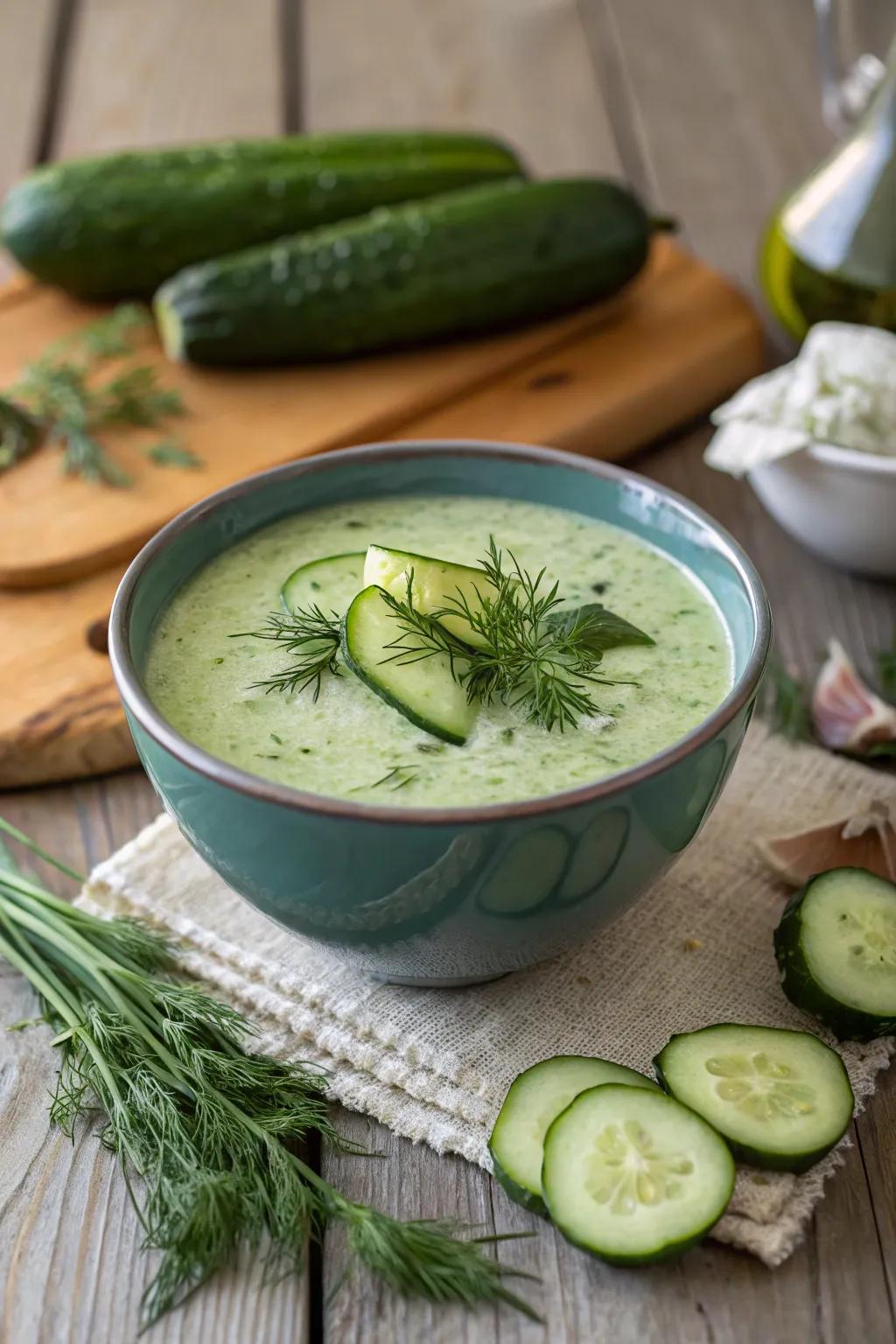 Chilled cucumber soup, a refreshing summer delight.