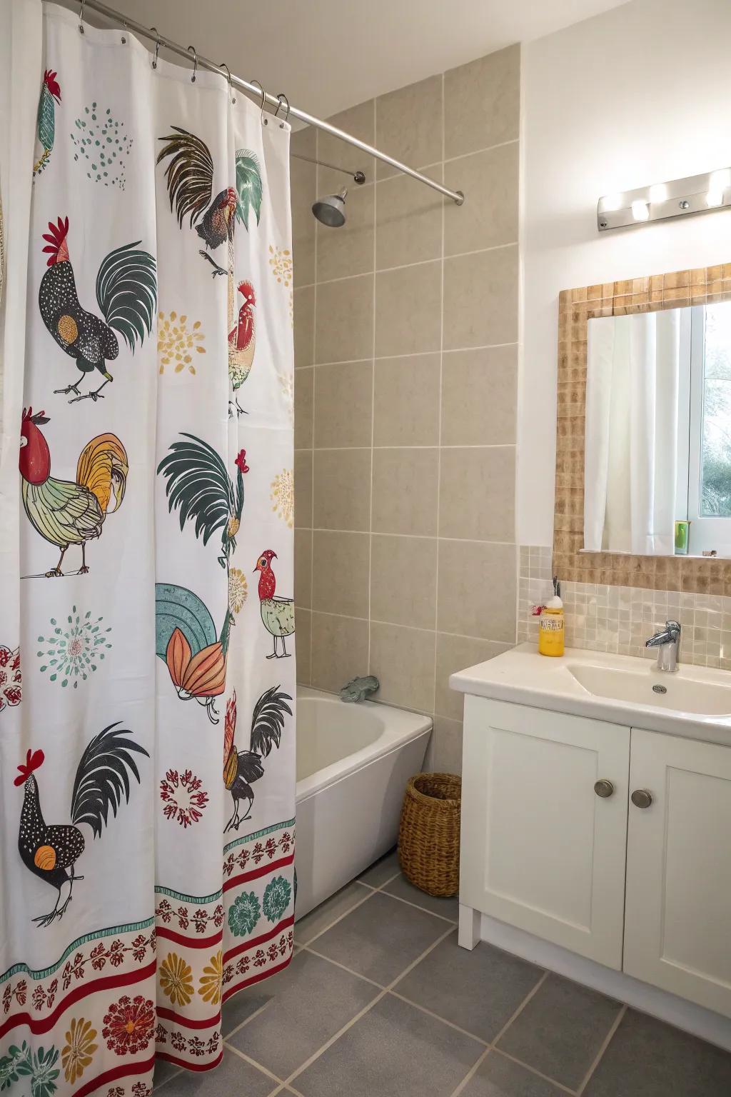 A bathroom with a shower curtain featuring delightful animal motifs like roosters.