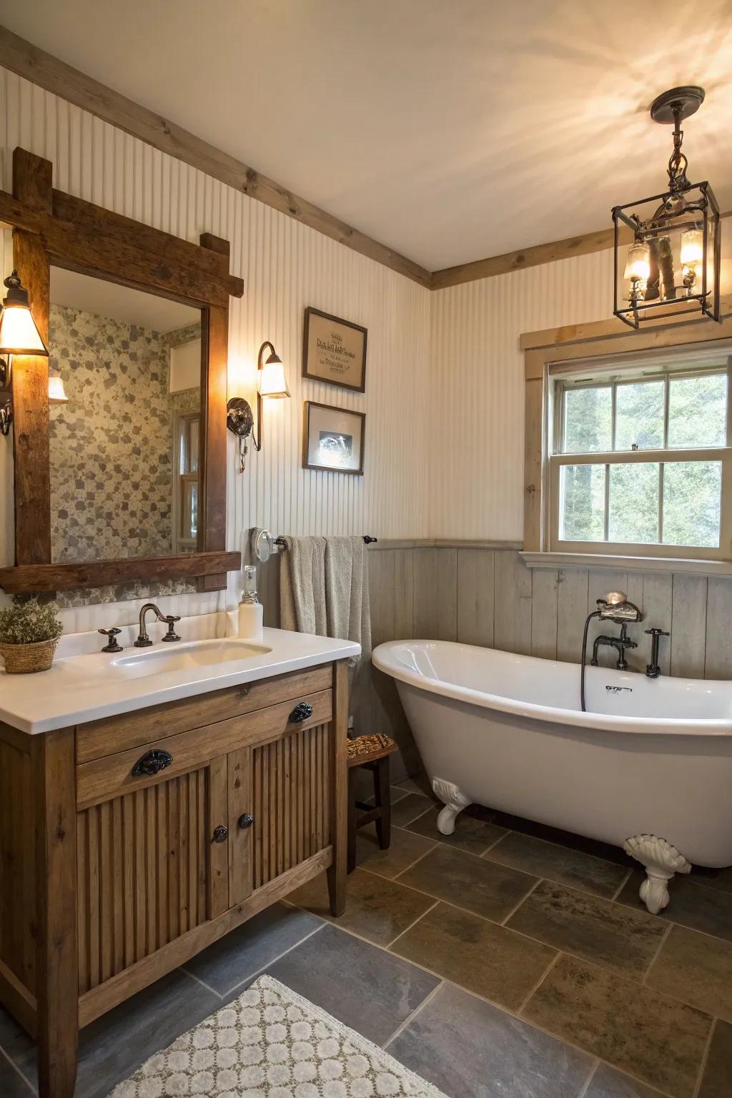 Textured beadboard walls add depth to this small farmhouse bathroom.