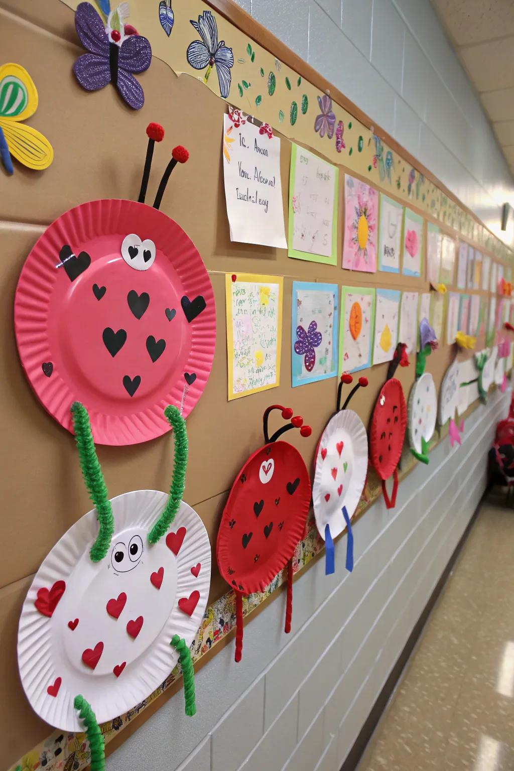 A bulletin board adorned with handmade lovebugs.