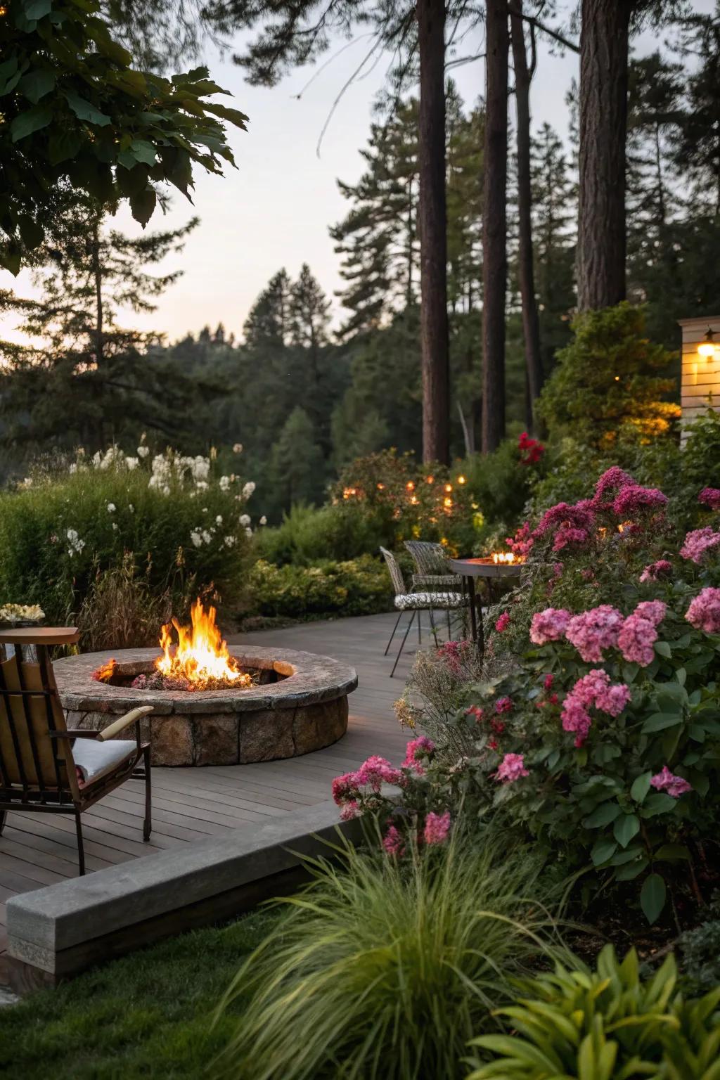 Lush greenery transforms the fire pit area into a serene oasis.