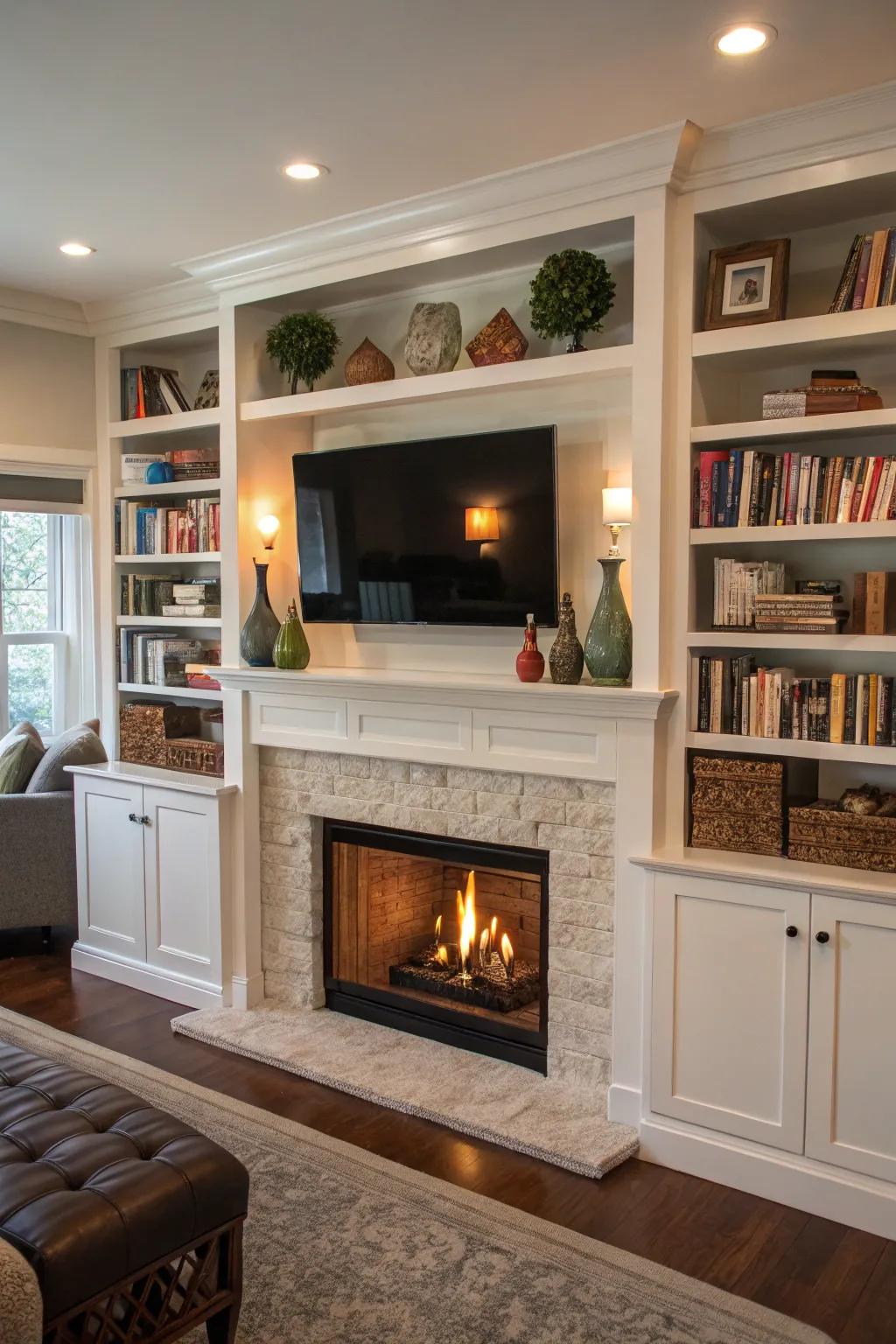 Built-in shelves adding functionality and style to the mantel area.