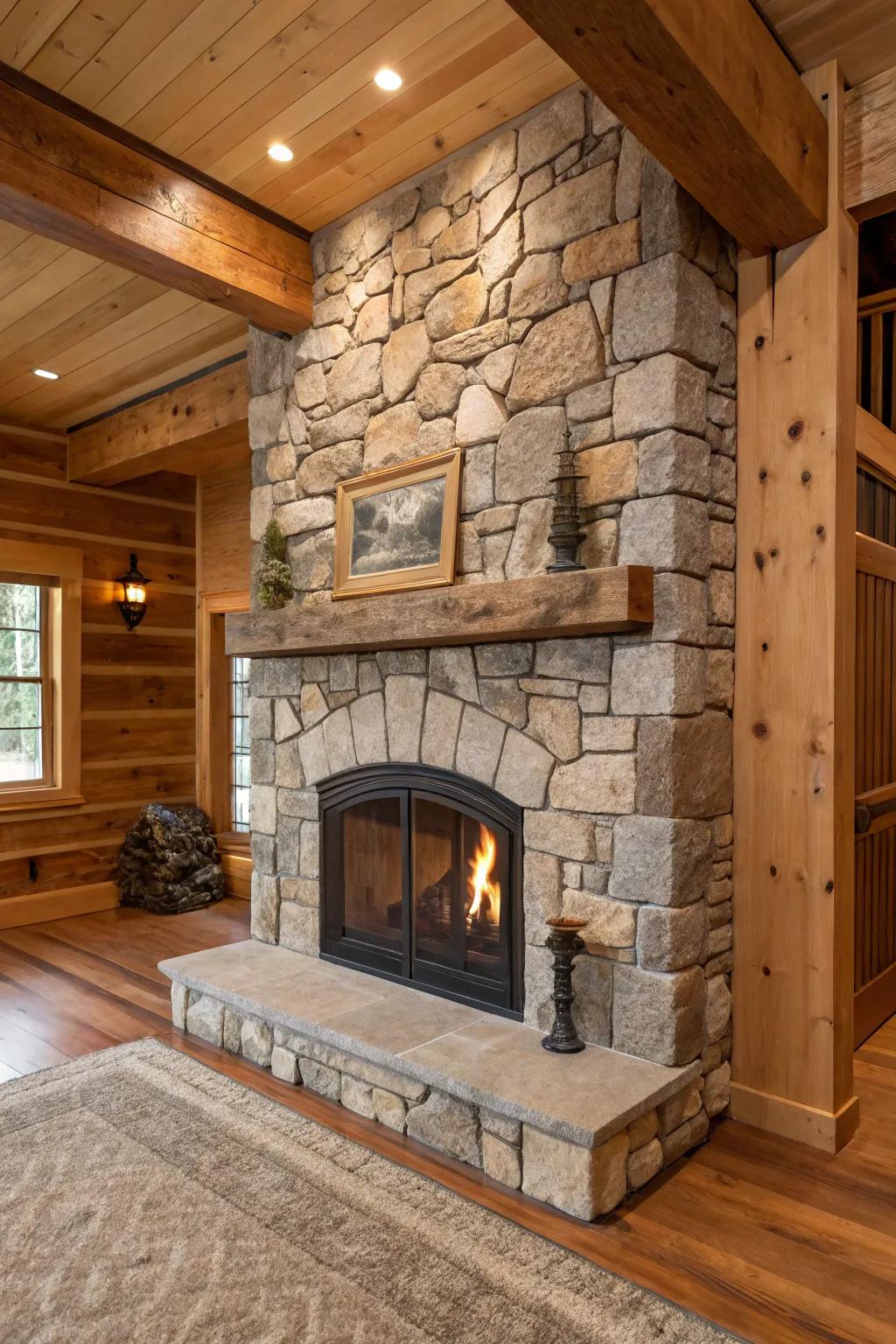 Natural stone and wood create a harmonious blend in this fireplace design.