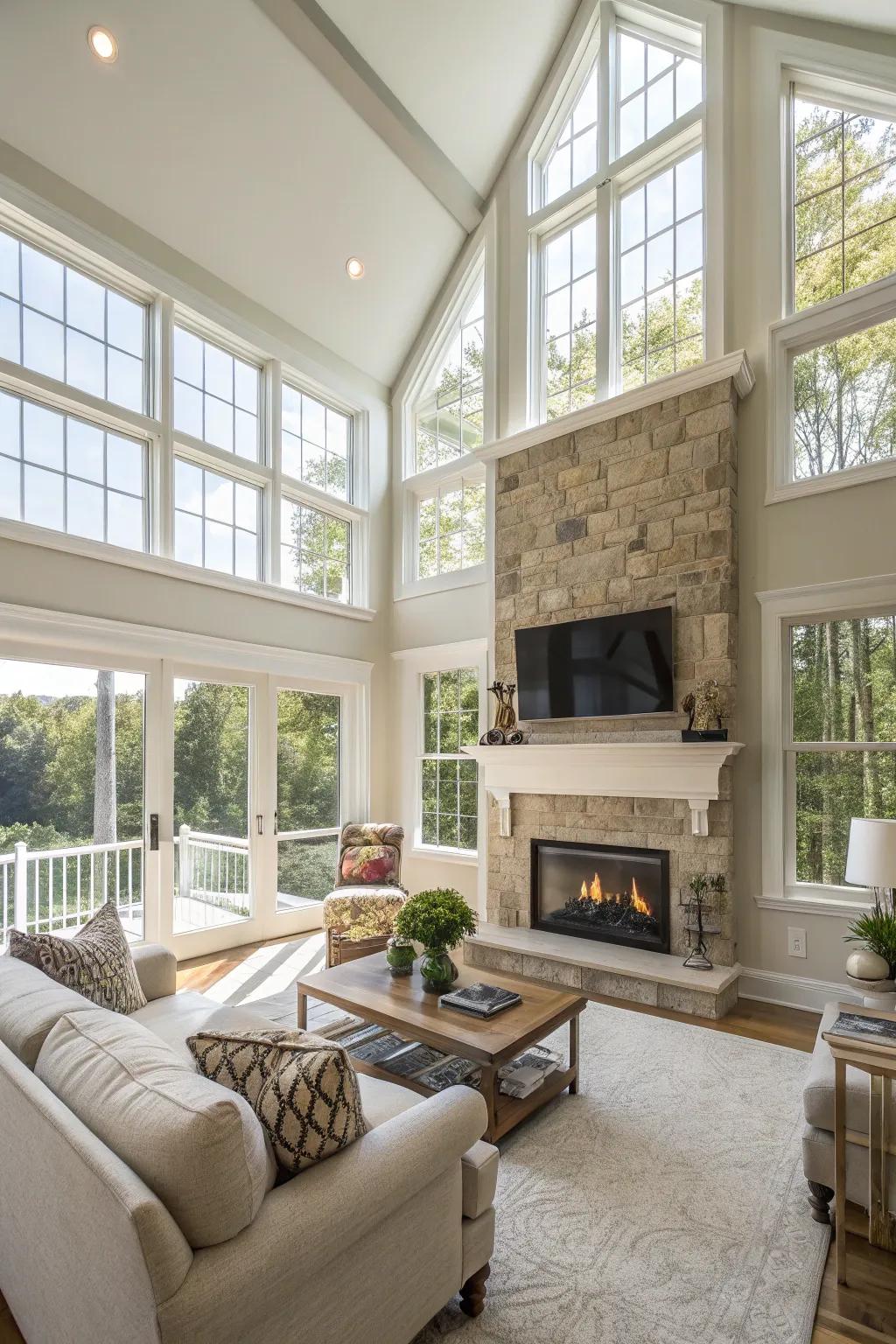 An open living room with a spacious layout and a fireplace and TV.