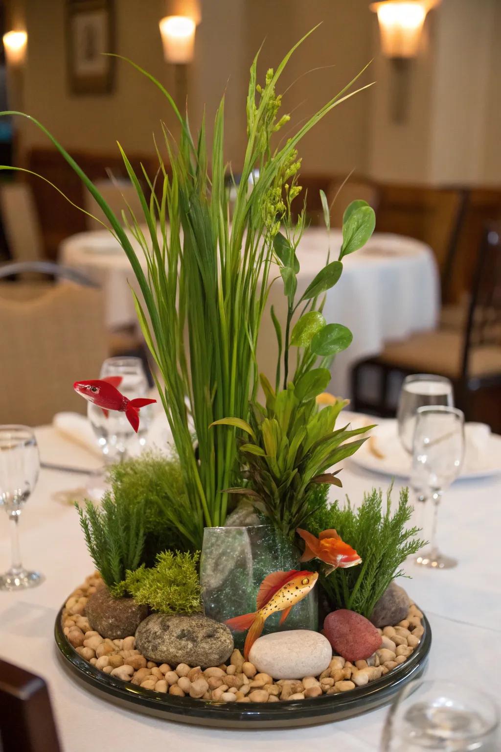 Aquatic plants add a touch of natural greenery.