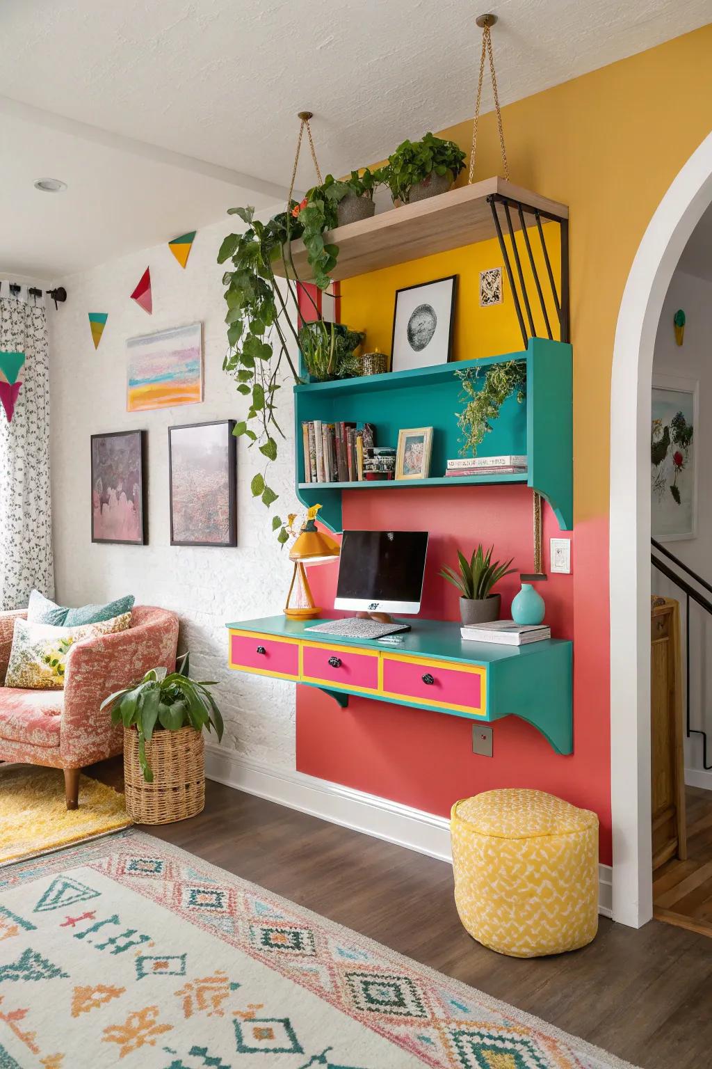 Brighten your space with a colorful floating desk.