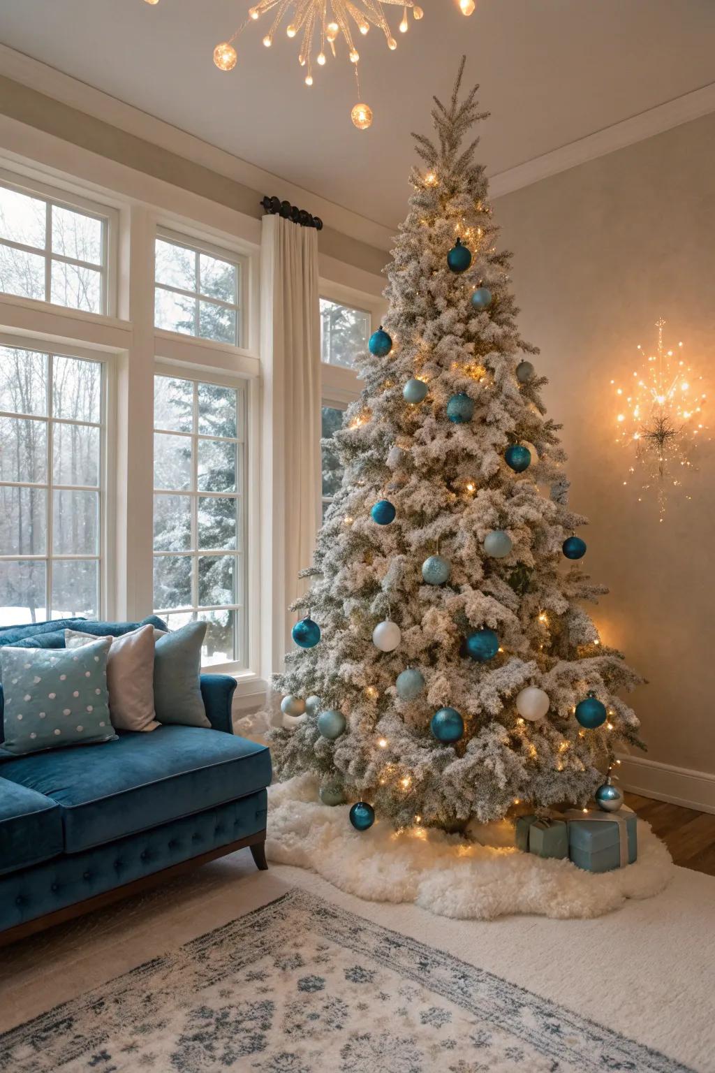 A blue and silver-themed flocked Christmas tree.