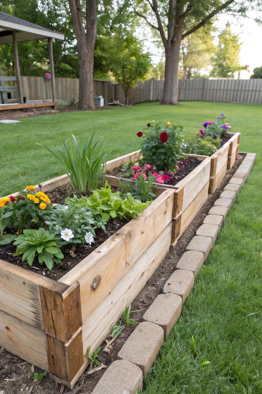 Repurposed pallet wood creates charming and eco-friendly flower bed borders.