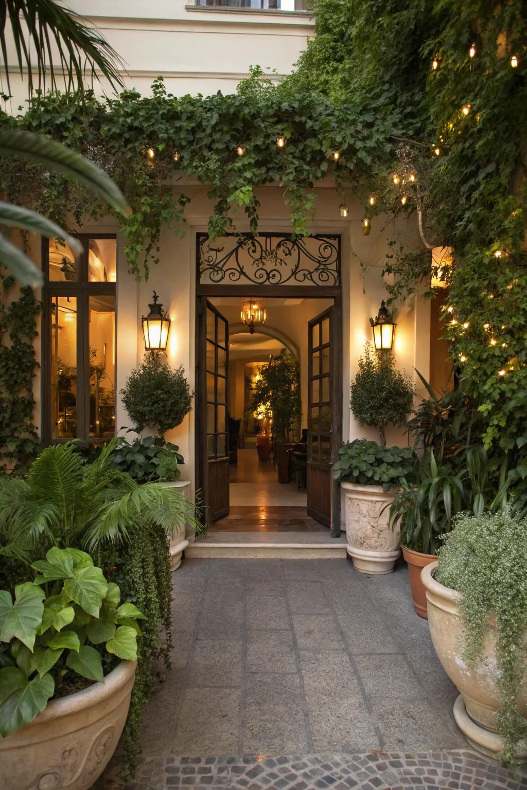 Lighting combined with greenery enhances the entrance.