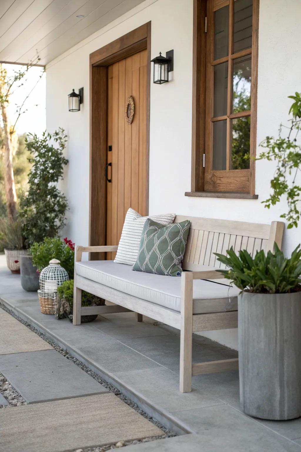 A modern minimalist bench offers a sleek and serene look.