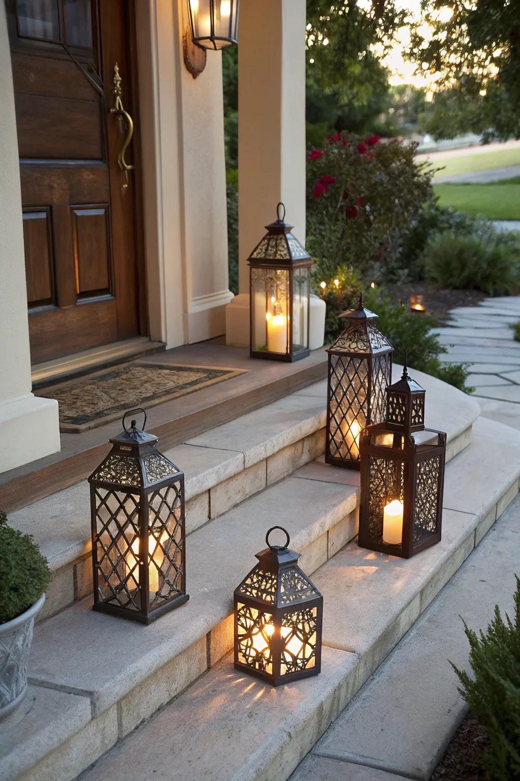 Lanterns add a warm glow to your holiday porch.