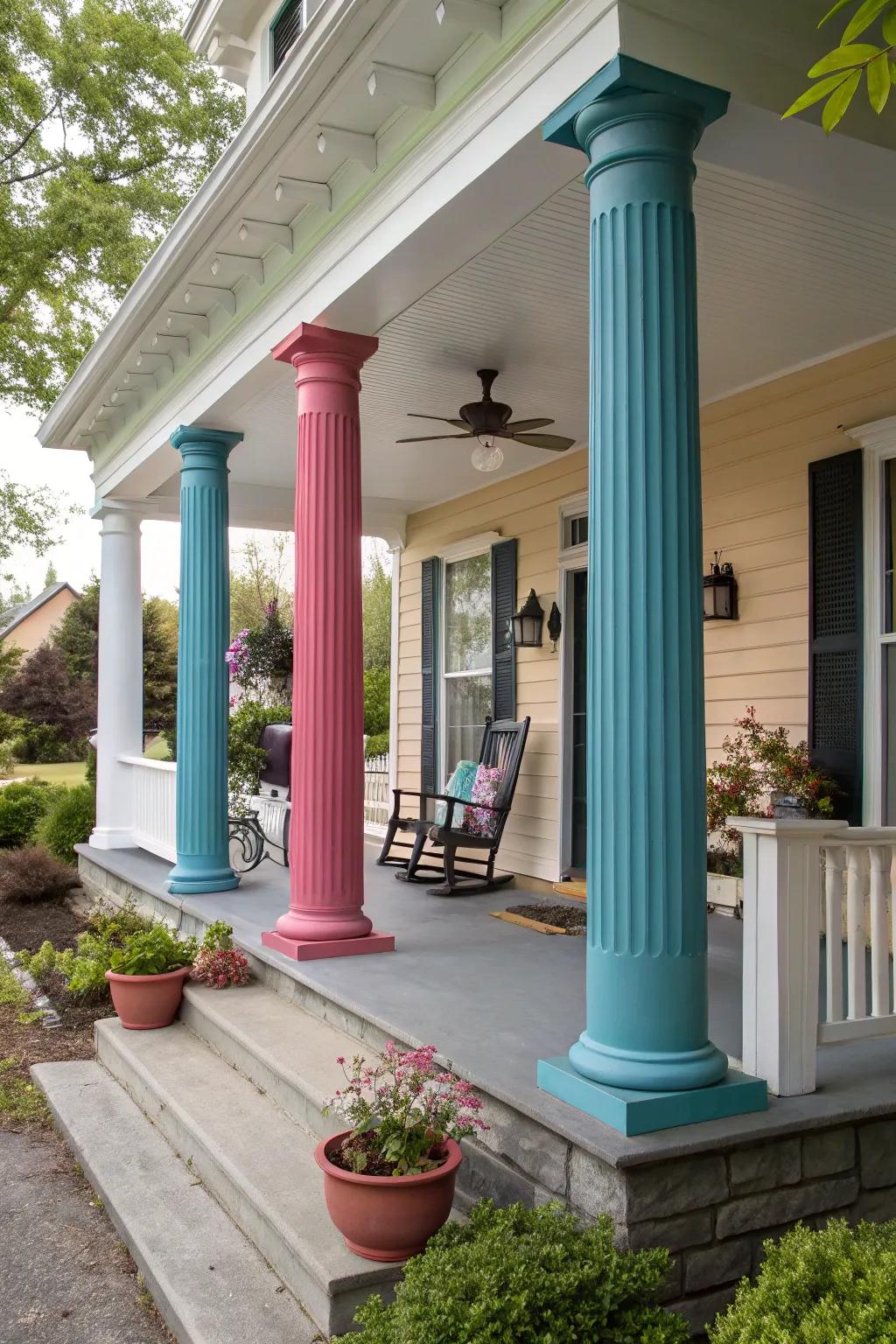 Contrasting colors on columns make a bold statement for your porch.