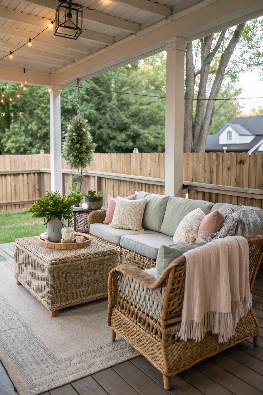 Create a laid-back vibe with a wicker coffee table.