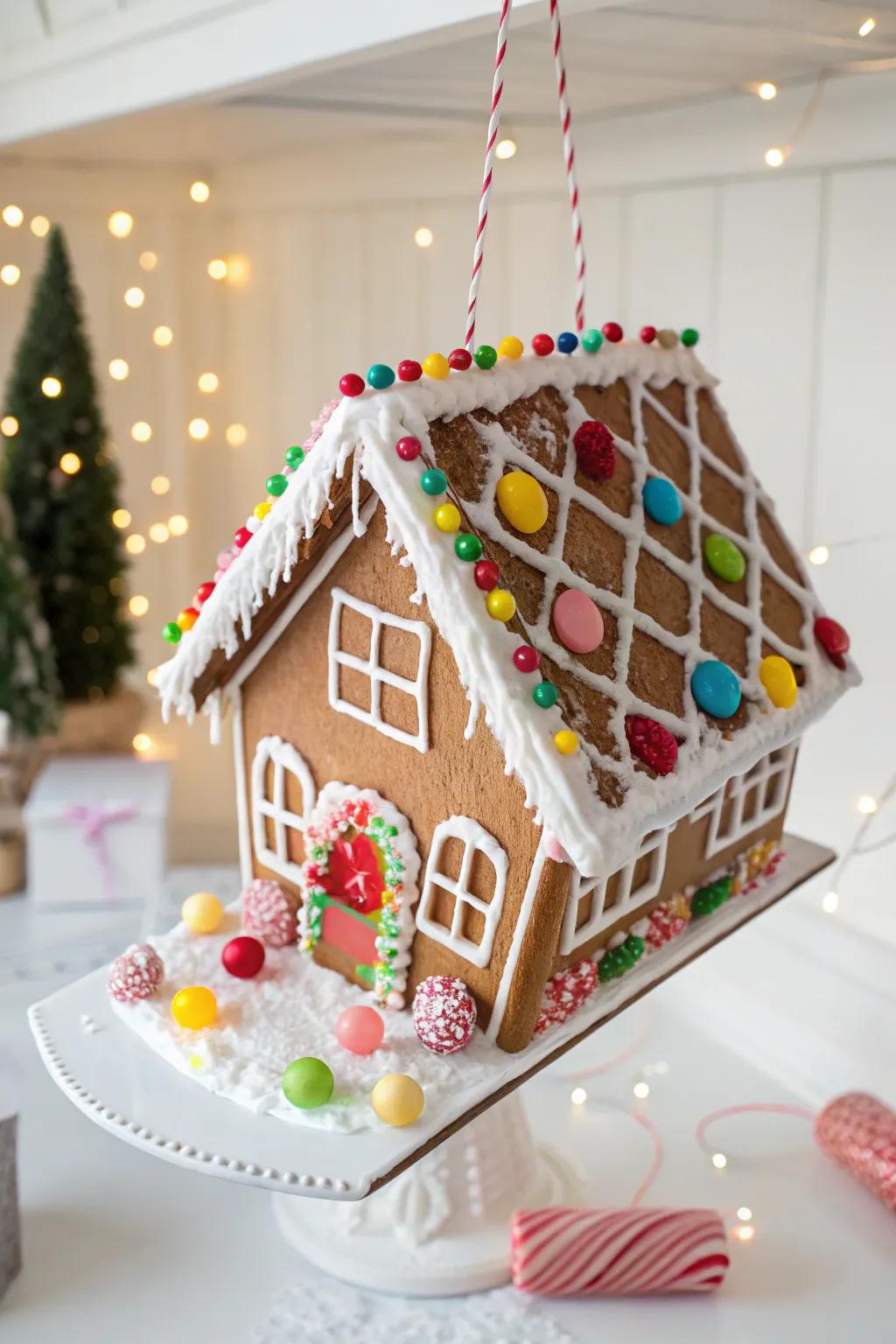 An upside-down whimsical gingerbread house