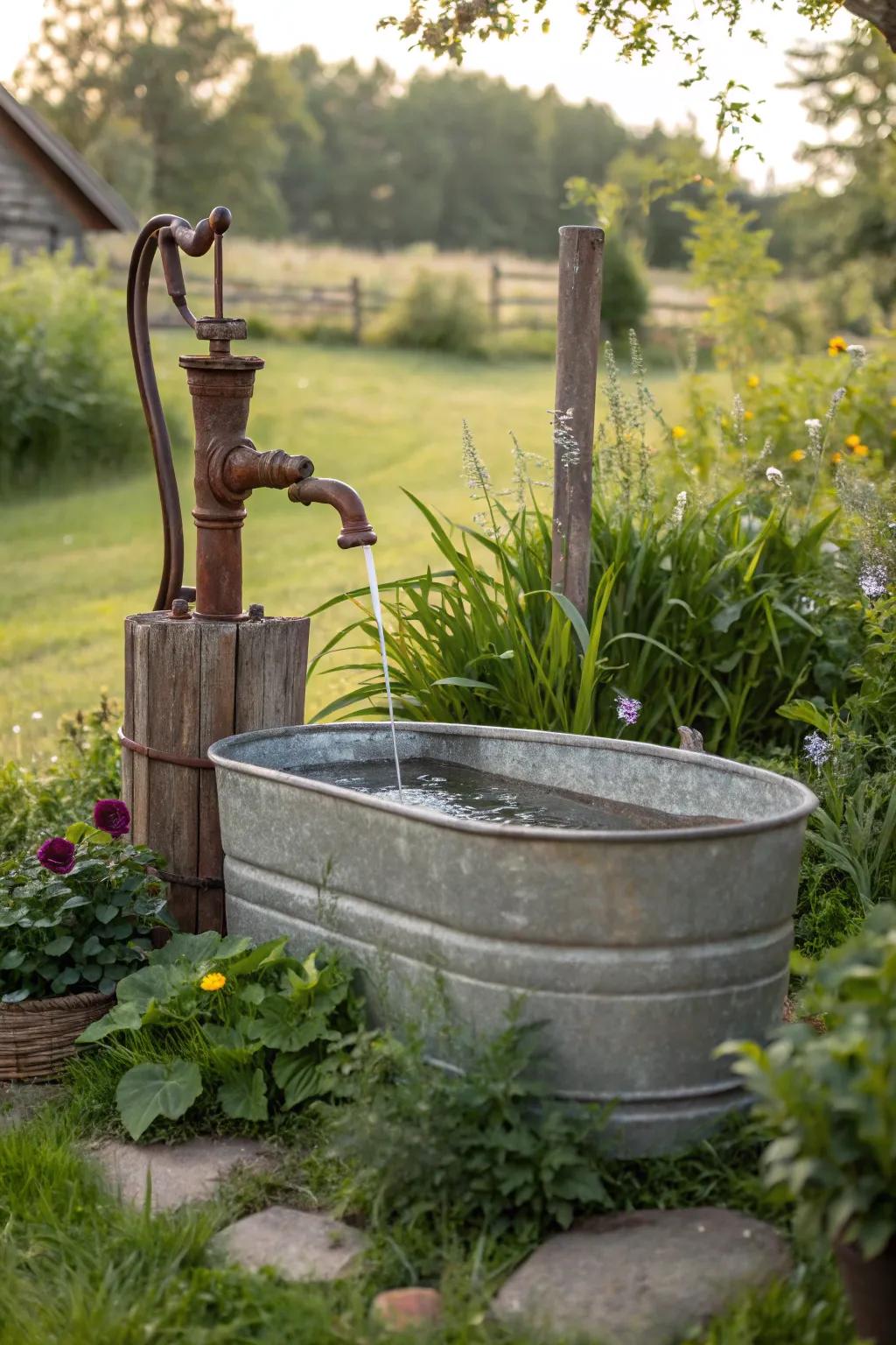 A vintage hand pump adds nostalgic charm to a trough fountain.