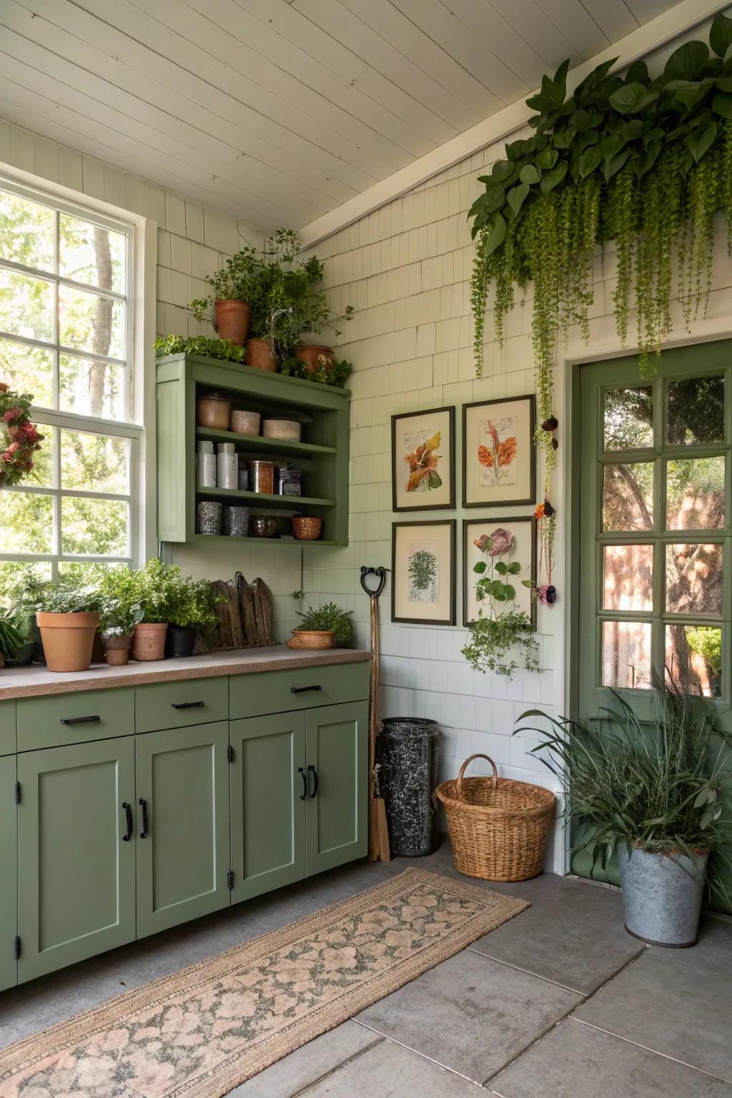 Moss green cabinets bring a touch of nature indoors.