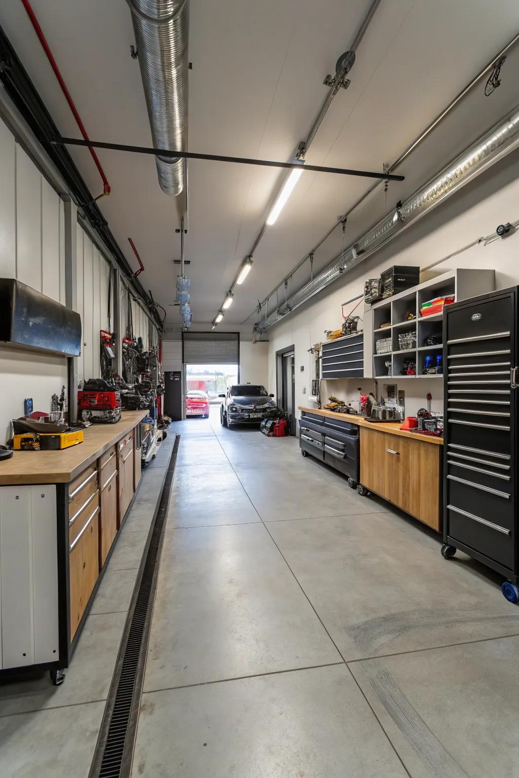 A garage extension with ample space for a personalized workshop.