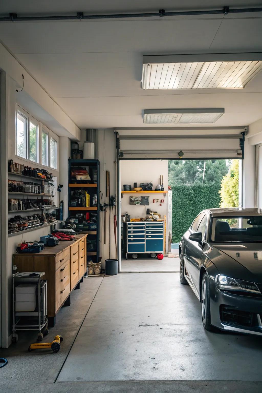 Balance vehicle storage with a functional workspace.