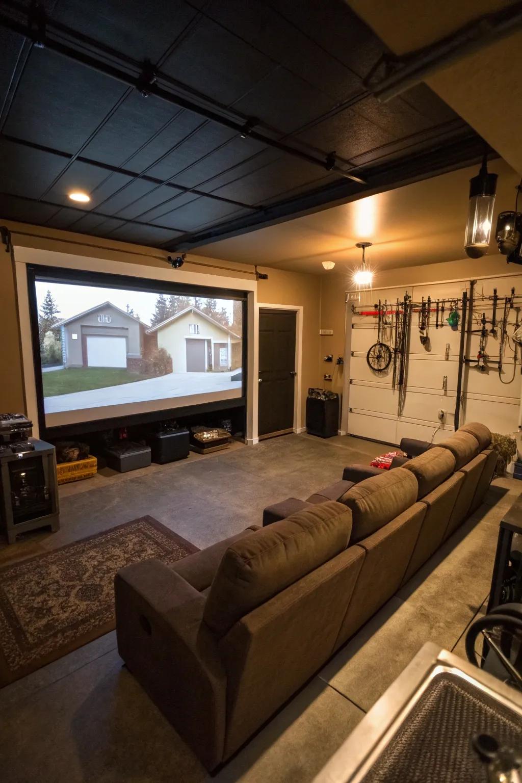 Enjoy a cinematic experience in your garage with a theater-style setup.