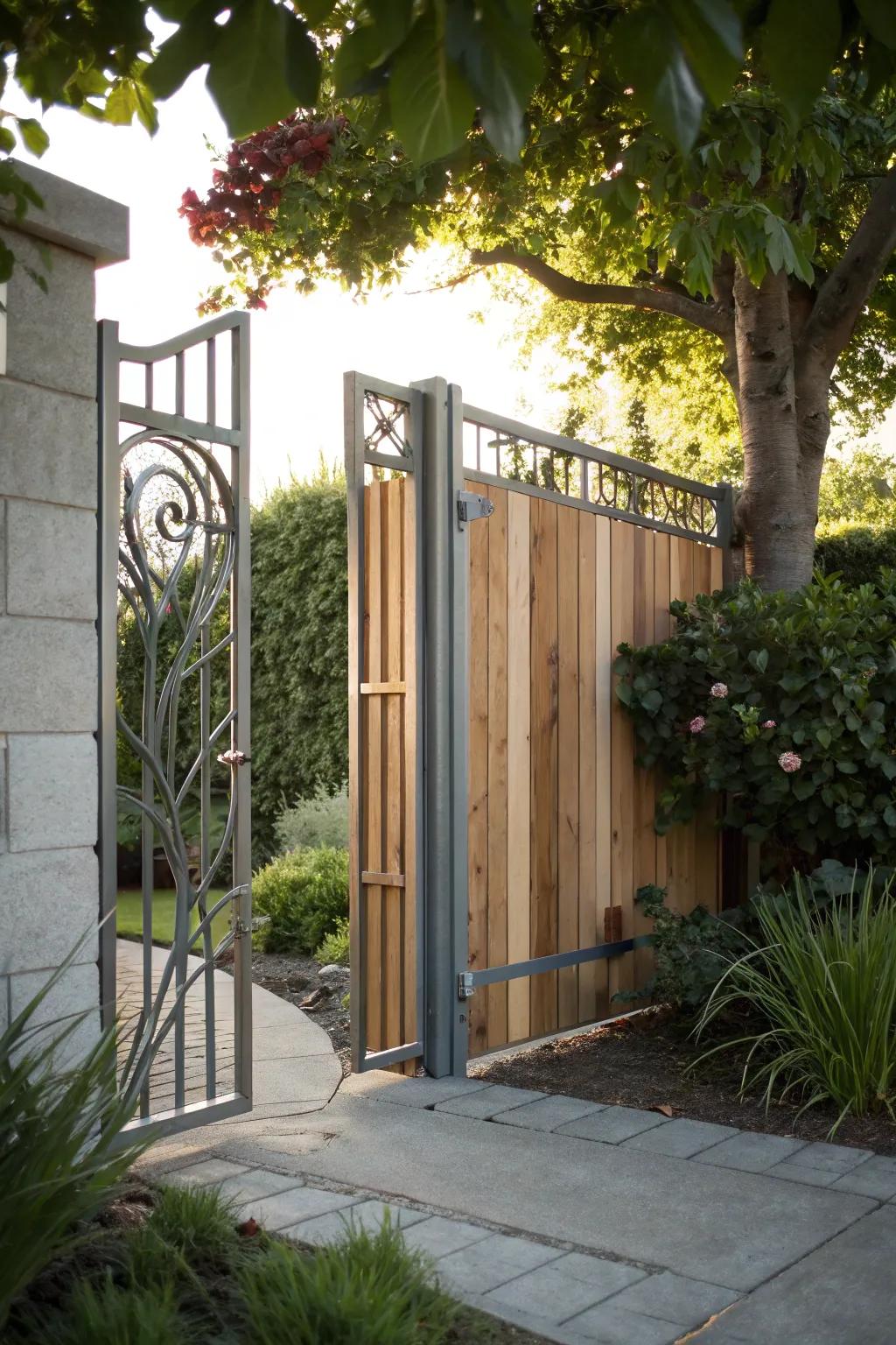 Modern garden gate combining metal and wood for style and durability.