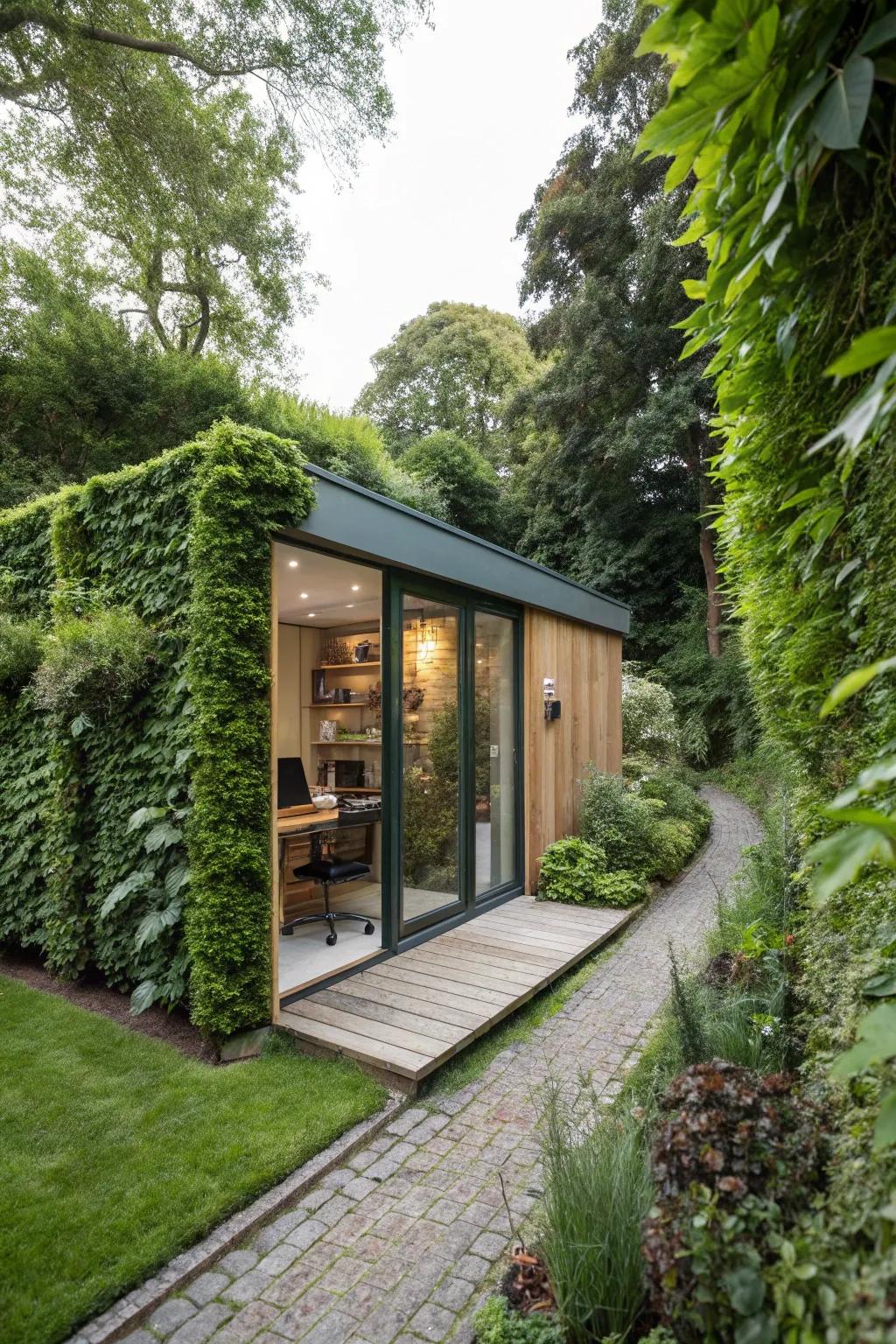 A garden office enveloped by lush green walls, offering a secluded workspace.