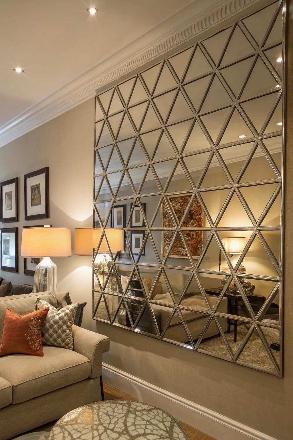 Mirrored geometric art adds light and a touch of luxury.