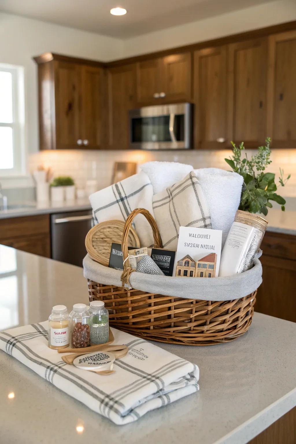 A housewarming gift basket full of practical items.