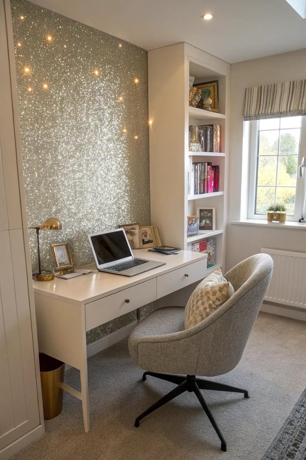 A glitter accent wall adds creativity to a home office.