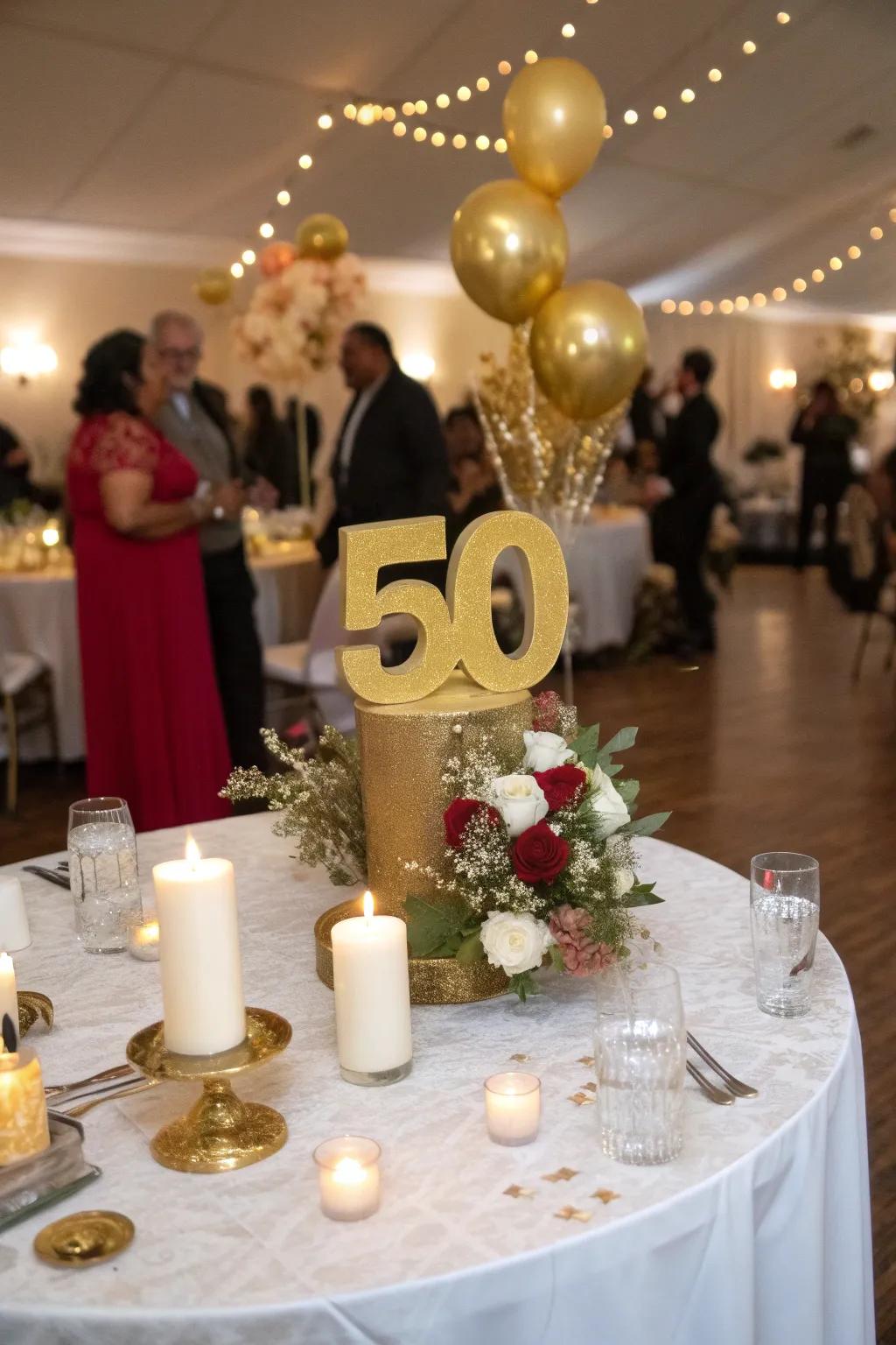 Large gold '50' centerpieces create a stunning focal point.