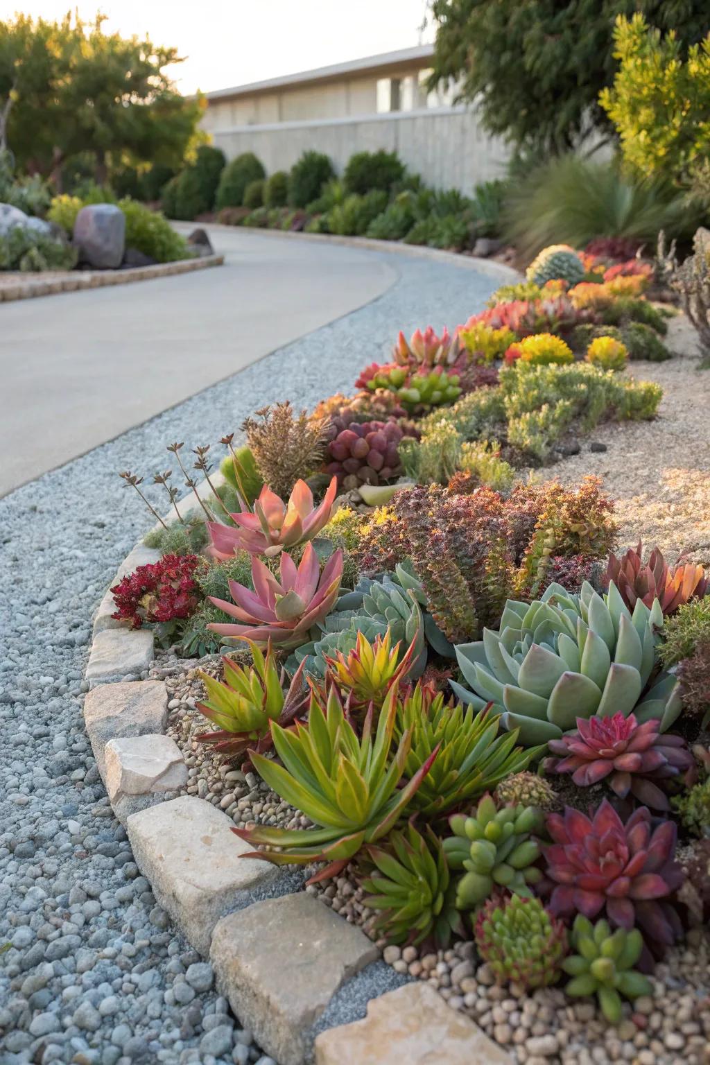 A thriving succulent oasis in a gravel flower bed