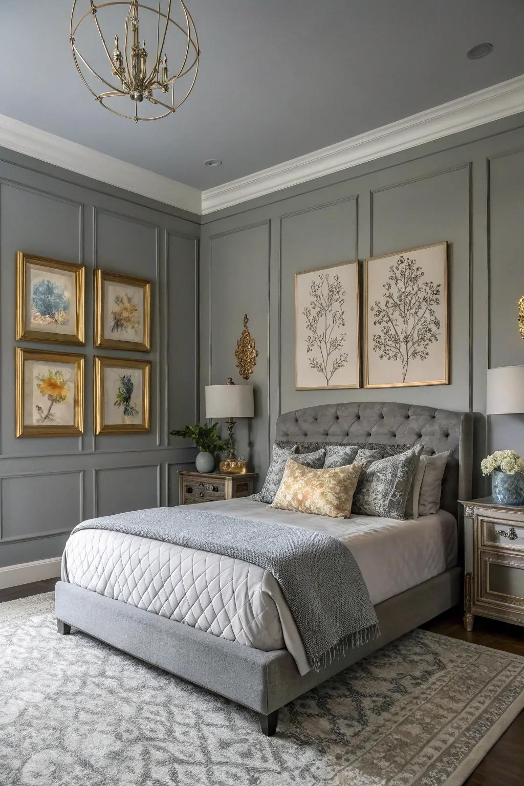 Art and decor bring a personal touch to a gray bedroom.