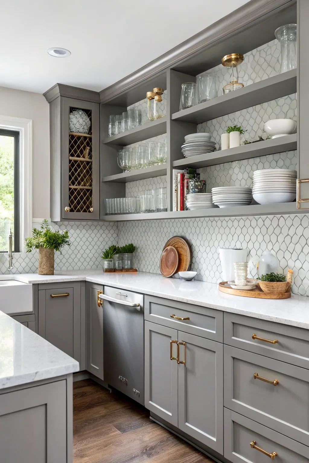 Open shelving adds charm and functionality to gray cabinets.