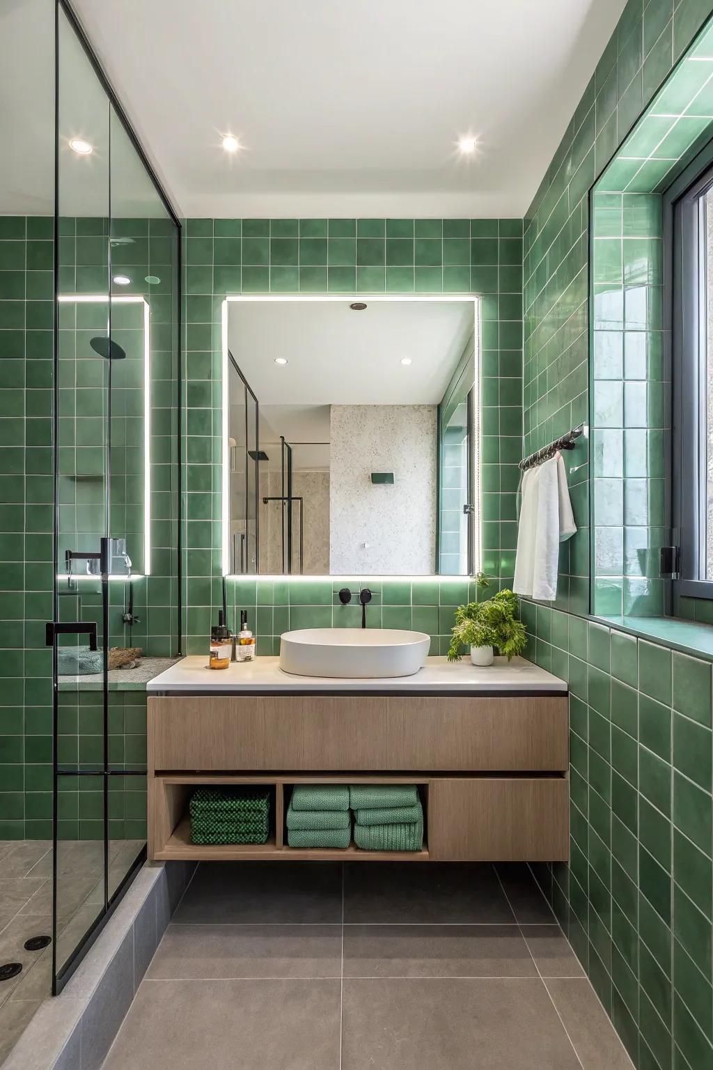 Green tiles and reflective surfaces create a spa-like bathroom retreat.