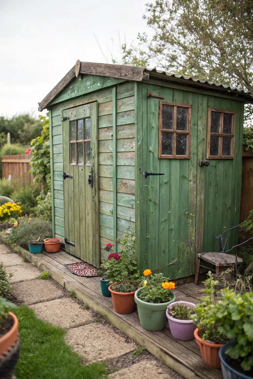 A wood-paneled green shed exudes rustic charm.