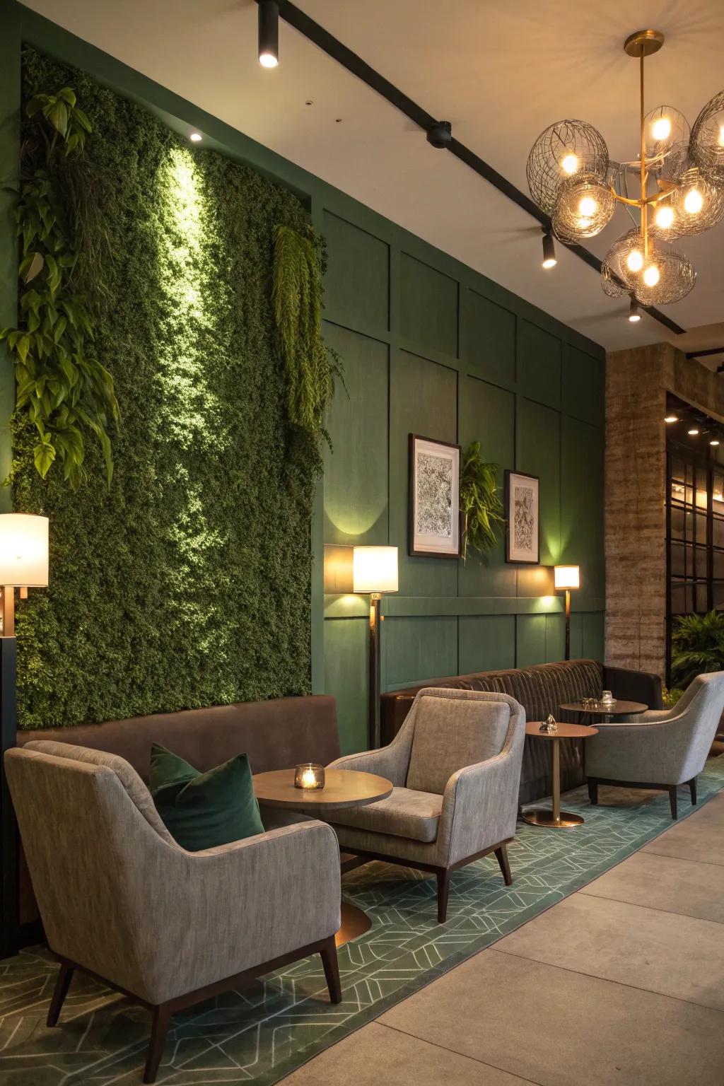 A lounge area where comfort meets nature with a striking green wall.