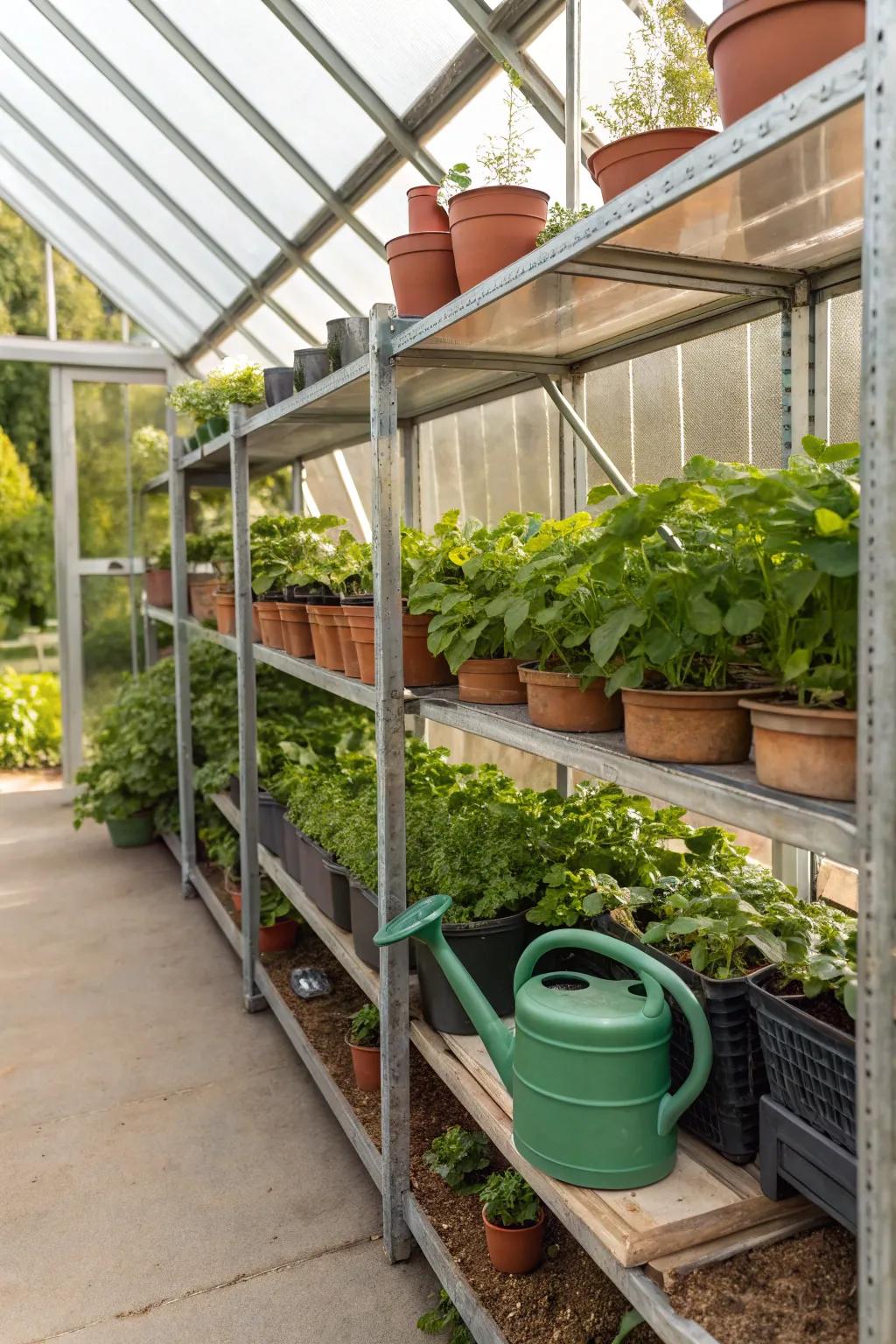 Sleek galvanized steel shelves for industrial appeal.