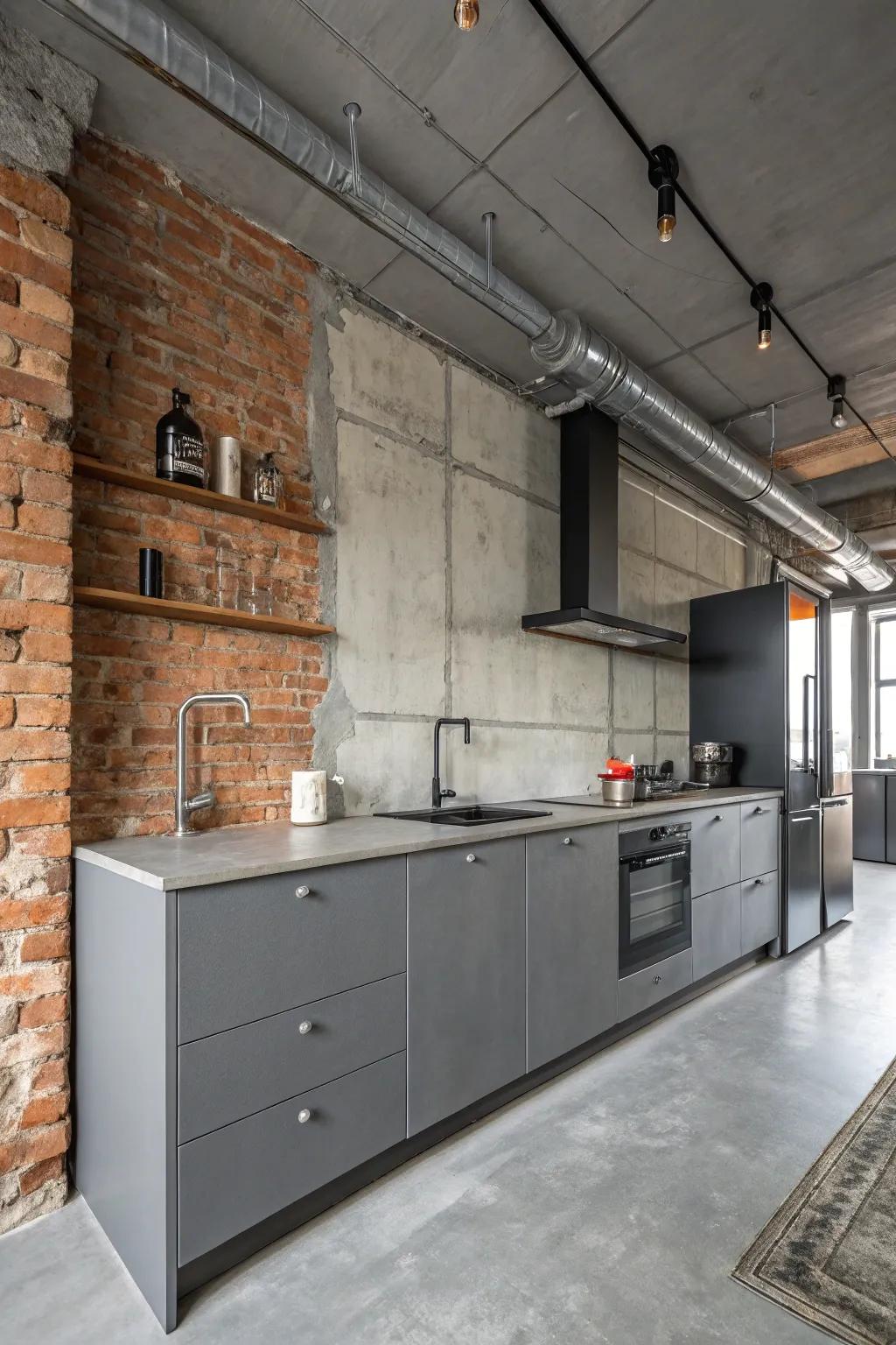 Industrial elements lend a chic, urban vibe to a grey kitchen.