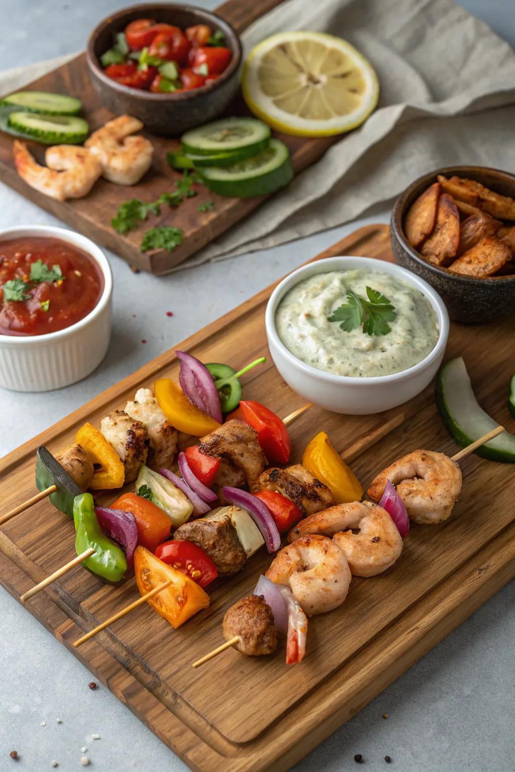 Assorted skewers with dips offer endless flavor combinations.