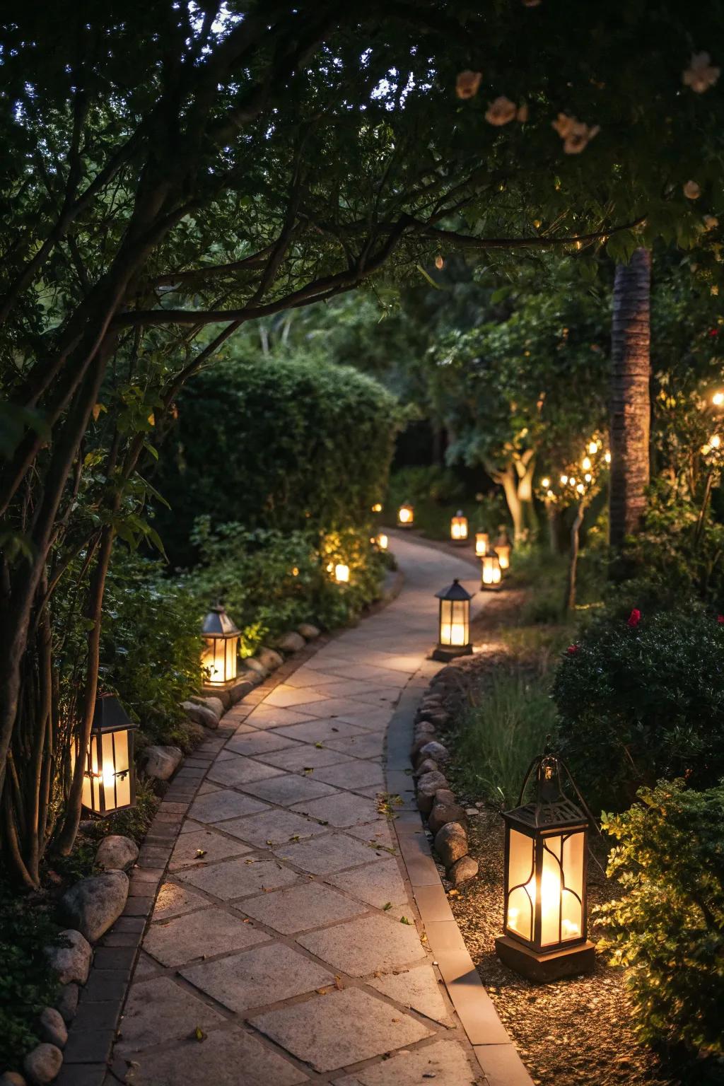 Lanterns guide visitors with their eerie glow.