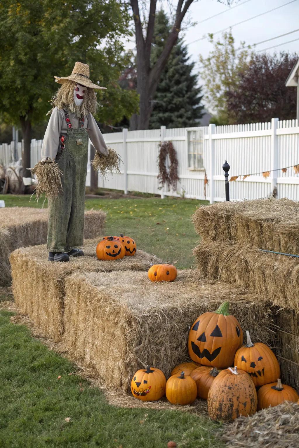 A charming blend of harvest and Halloween elements in the front yard.