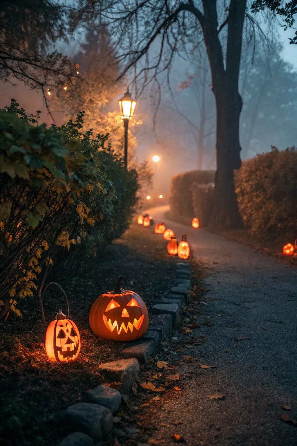 Pumpkin lanterns lighting the path with their spooky glow.