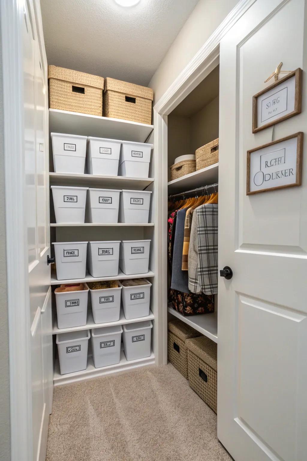 Labeled bins and boxes in a hallway closet for easy organization.