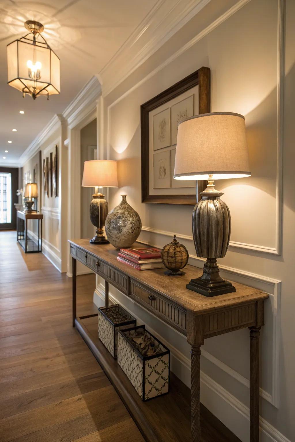 Table lamps add a cozy glow to hallway corners.