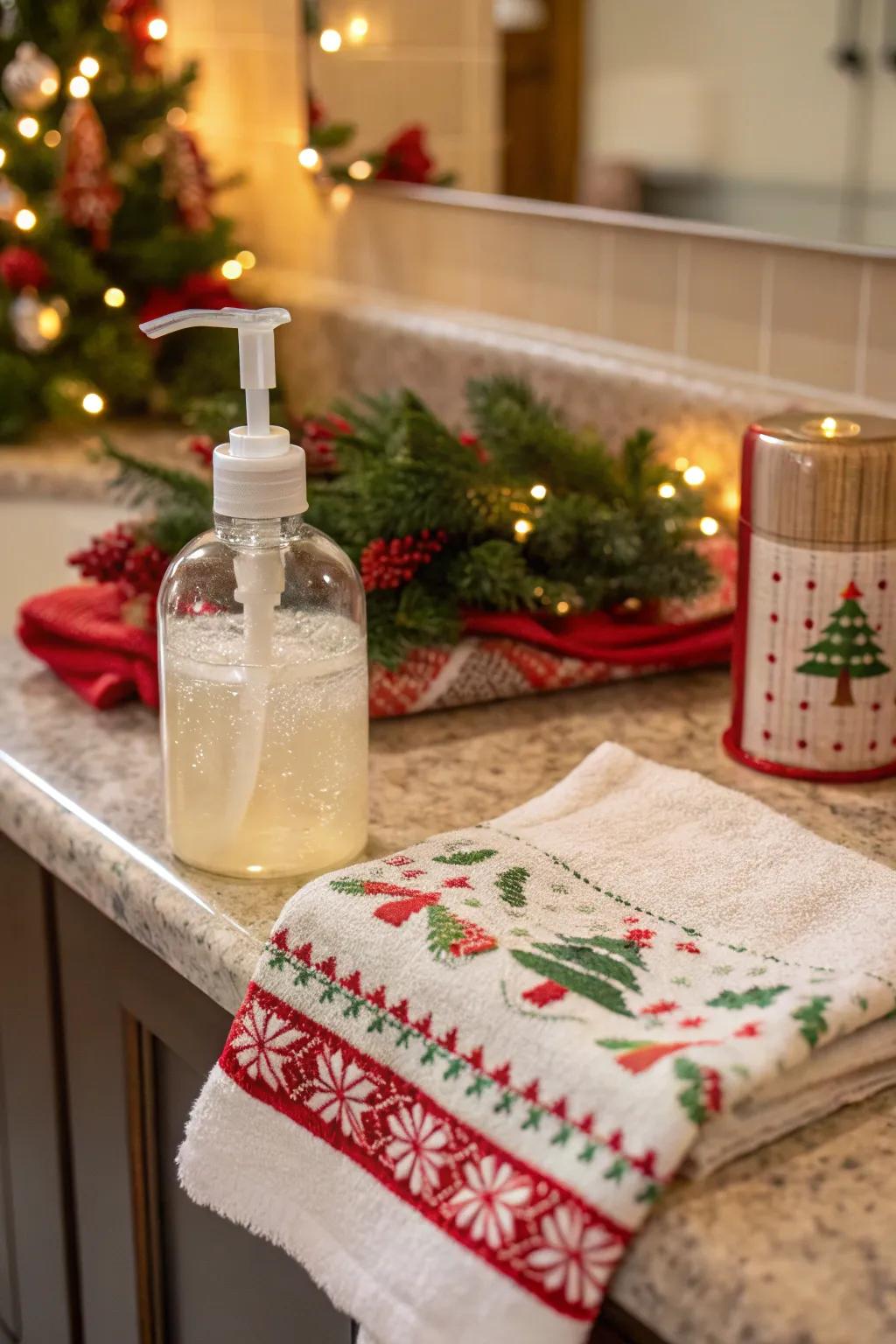 A merry combination of hand soap and a holiday towel