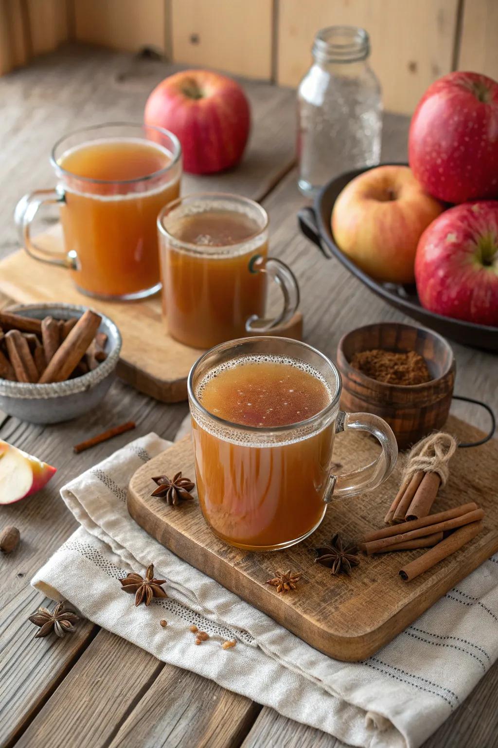 A cozy apple cider station with seasonal spices.