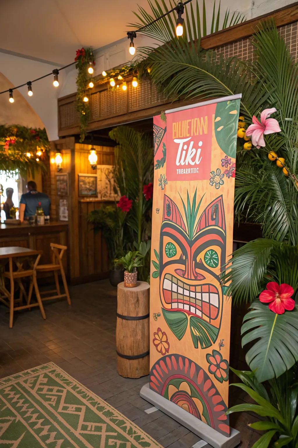 A tiki-themed poster adding a playful touch to a tropical-themed room.