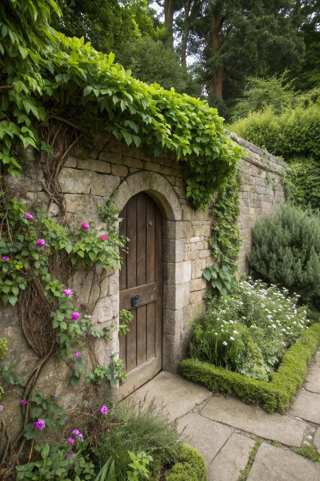 A hidden entrance cleverly integrated into a garden wall.