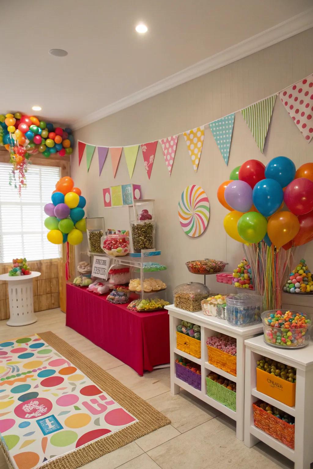 Indulge in a Candyland Extravaganza with sweet decorations.